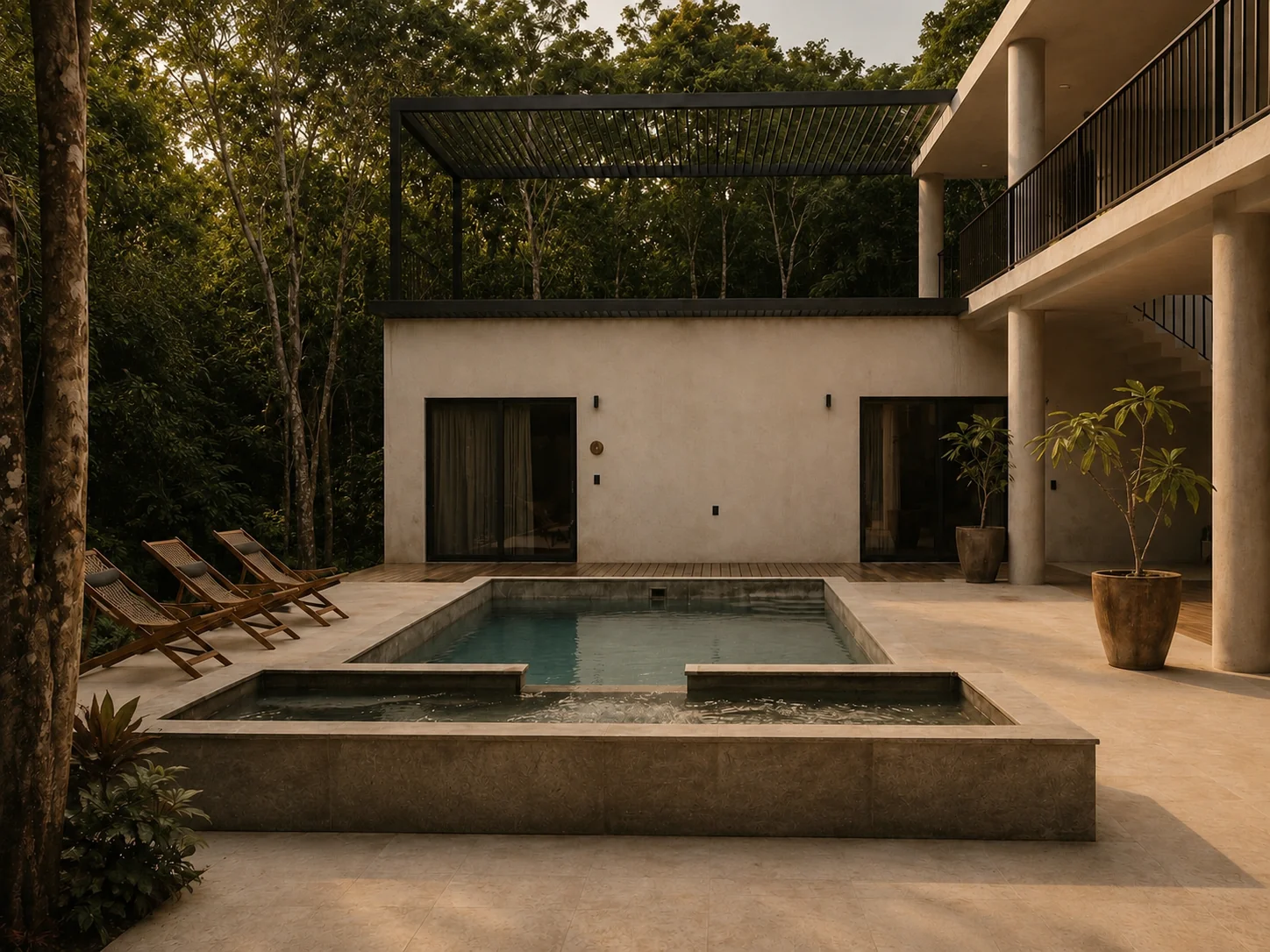 A private plunge pool and jacuzzi set on a limestone terrace beside the villa, surrounded by jungle.