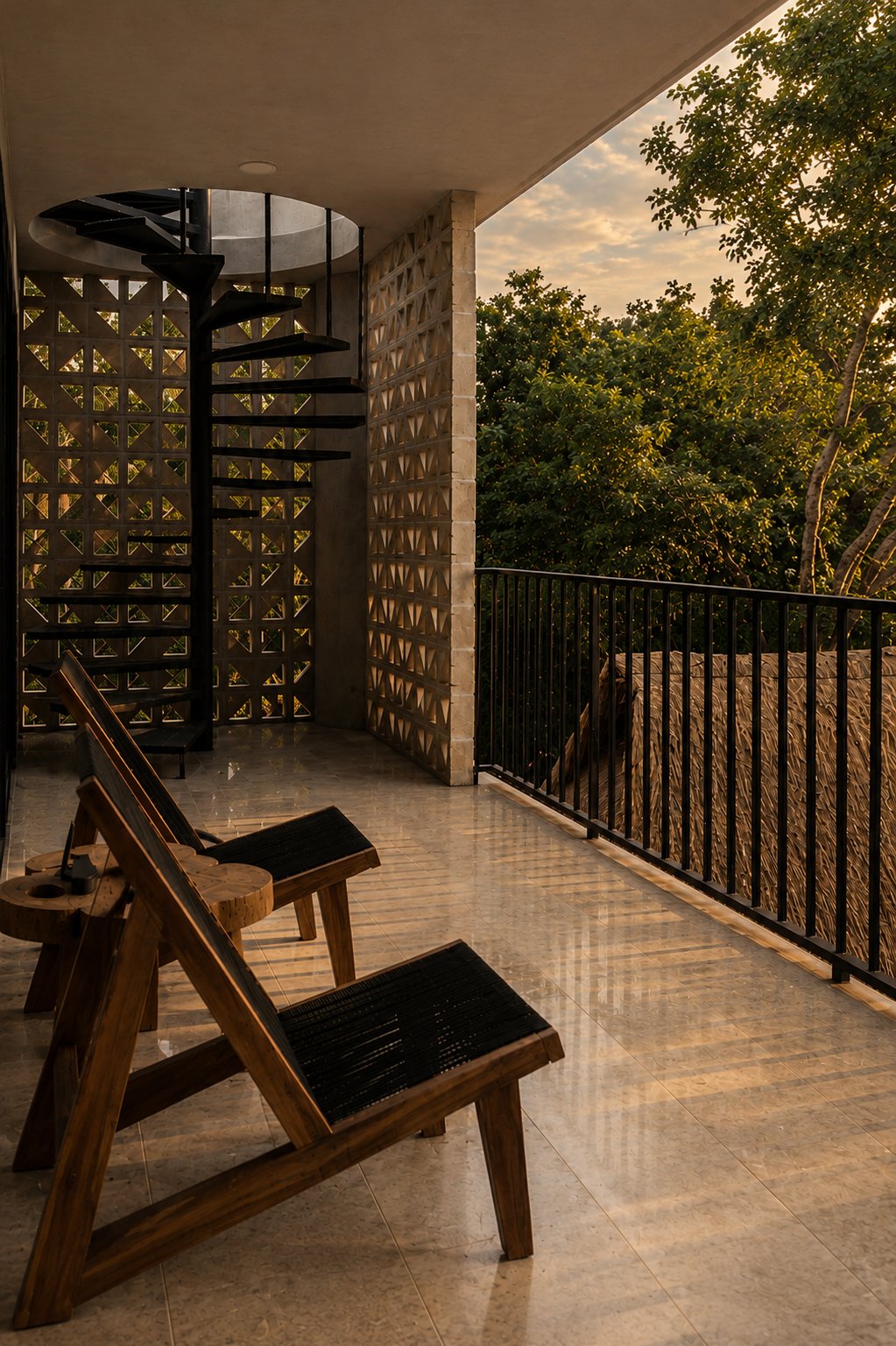 Two wooden lounge chairs on a shaded balcony overlooking the jungle canopy.