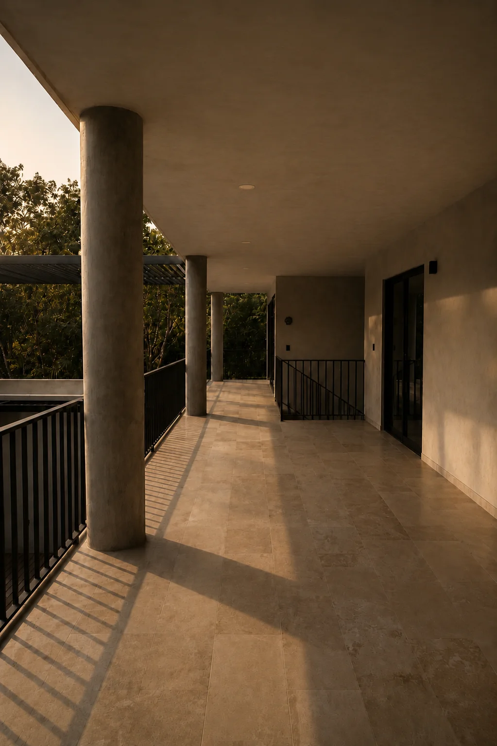 A covered villa corridor with tall concrete columns, black railings, and warm late-afternoon light casting long shadows across limestone tile.