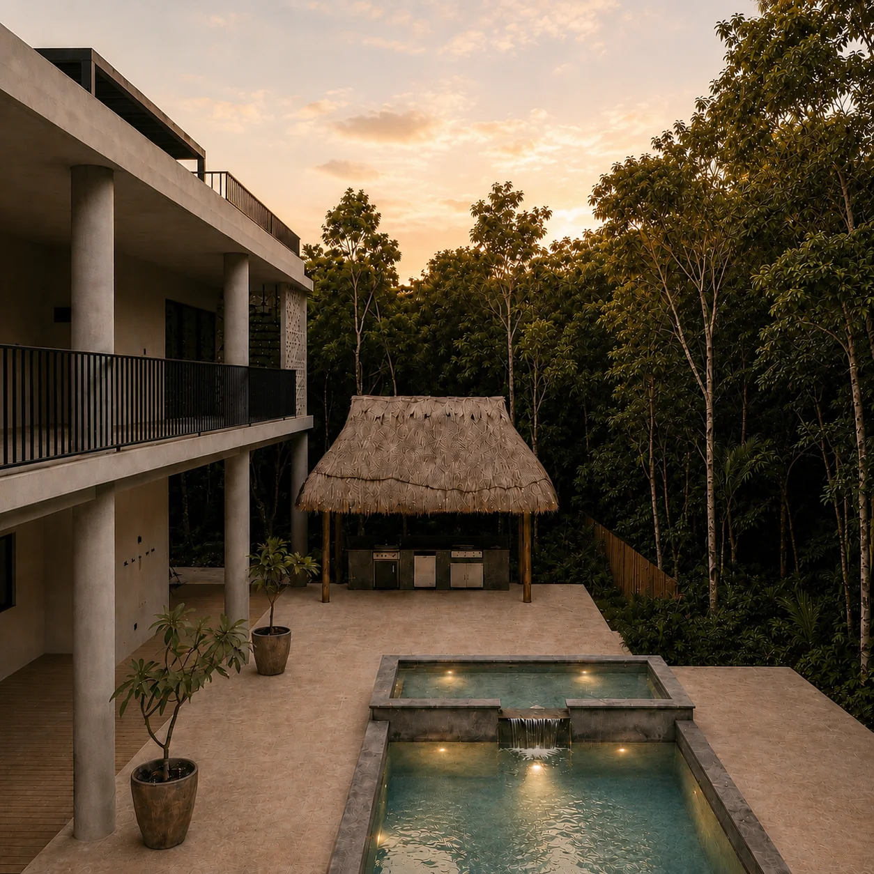 A private pool and jacuzzi on a limestone terrace beside the villa at sunset, with a palapa bar and jungle canopy.