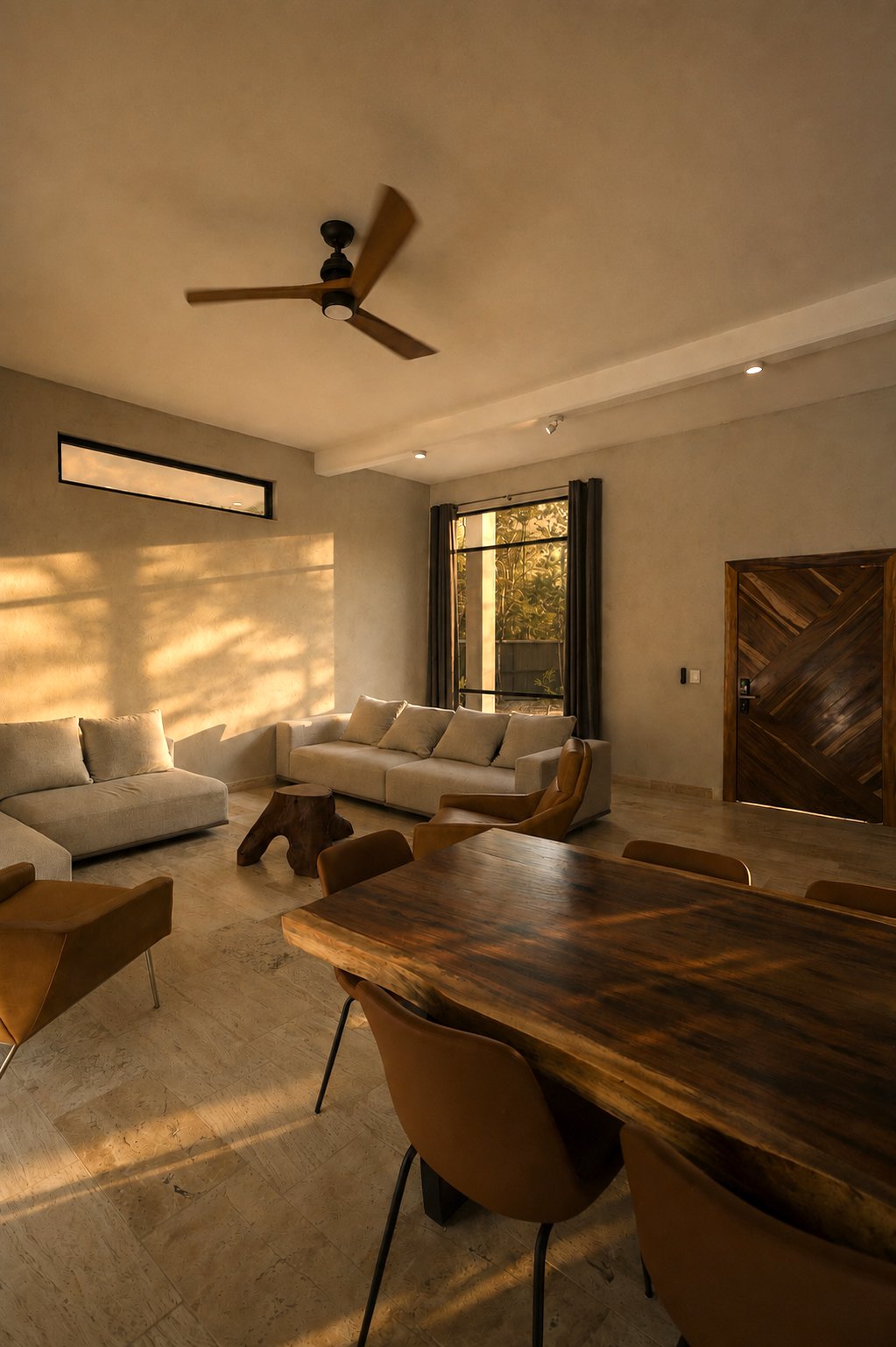 Open-plan living and dining area with warm afternoon light, a wooden dining table, and neutral sofas.