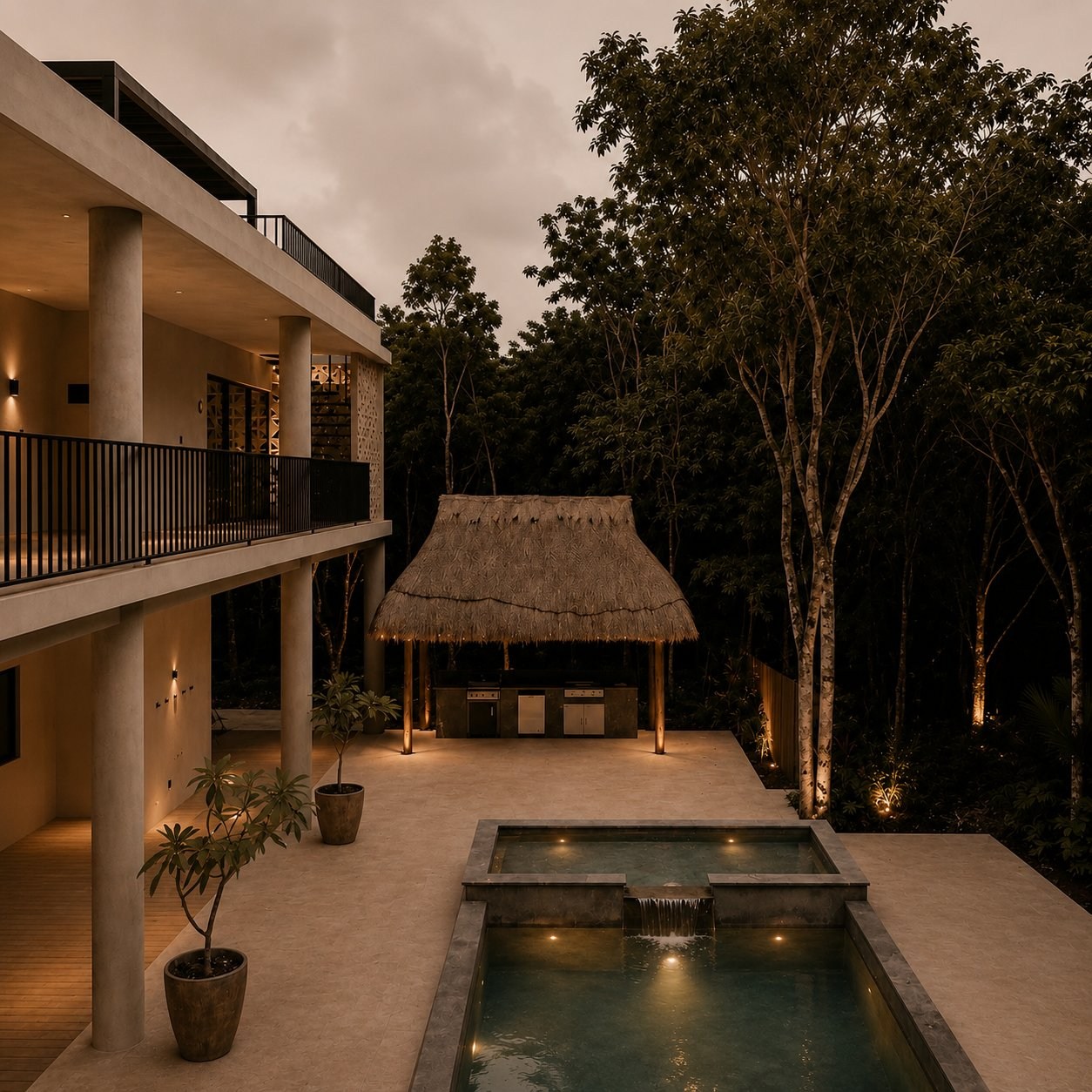 The villa courtyard at dusk — pool, palapa, and surrounding canopy.